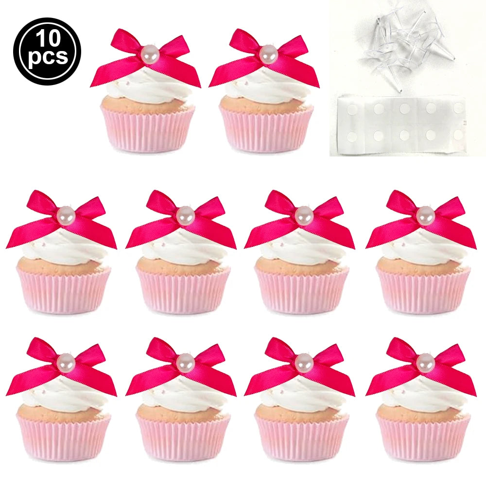 10pcs Pink Bow Cupcake Topper Pink Bow Birthday Decor Coquette Themed Party Decoration Bridal Shower Cake Topper Bow Party De