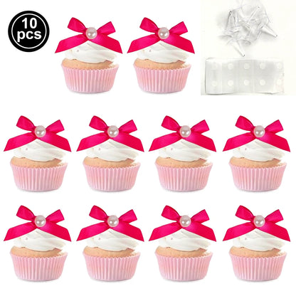 10pcs Pink Bow Cupcake Topper Pink Bow Birthday Decor Coquette Themed Party Decoration Bridal Shower Cake Topper Bow Party De