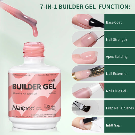Nailpop 7IN1 Multi-Functional Builder Gel 4Colors Extension Strength Apex Building Base for Beginner Friendly Manicure 15ml