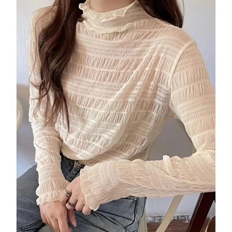 New Women Floral Lace Shirt Spring Autumn Long Sleeve Sexy Mesh Bottoming Shirts Mock Neck Blouse T-Shirt Pullover Top - Beig