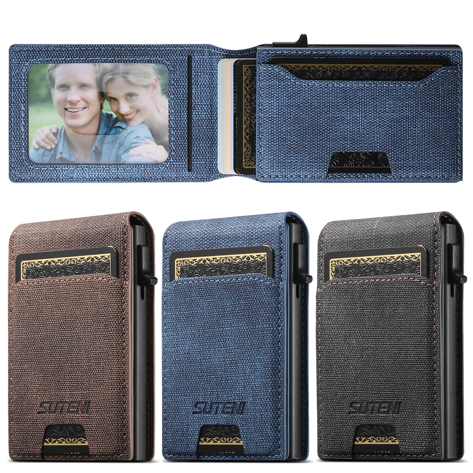 Push-out Card Faux Leather Card Holder Wallet Holder Large Capacity Can Hold 1-12 Cards 1 Photo Black/Brown/Blue