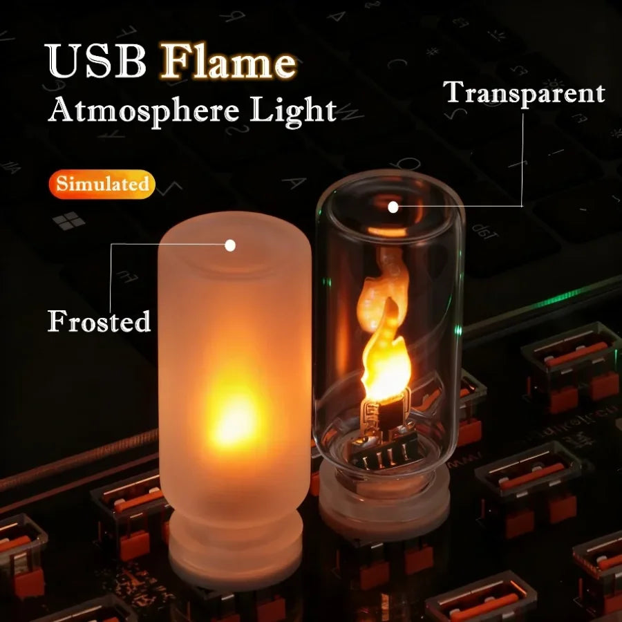 USB Flame Flickering LED Frosted Clear Glass Candle Night Light Simulated Flame