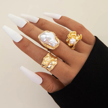 Tocona 2024 New Fashion Luxury Imitation Pearl Open Ring Sets for Women Elegant Gold Color Ring Party Jewelry Accessories - 2
