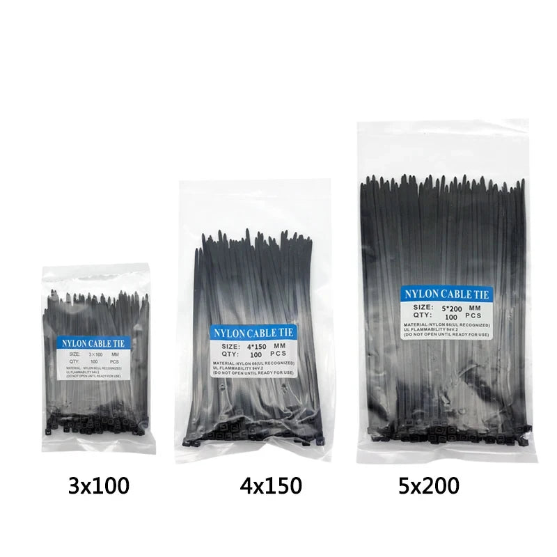 300pcs Three mode Self-Locking Plastic Nylon Wire Cable Zip Ties Black Cable Ties Fasten Loop Cable Various specifications - 