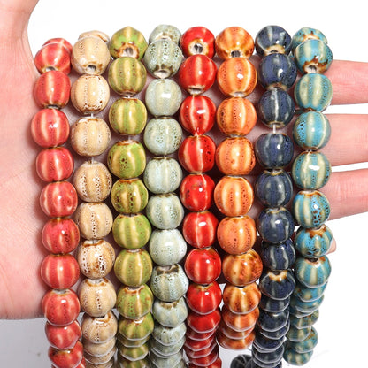 1 Strand Pumpkin Shape Stripe Ceramics Beads Colorful Floral Glaze Beads for Jewelry Making DIY Loose Spacer Beads Accessorie