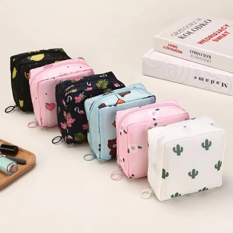 Women Sanitary Napkin Tampon Storage Bag Portable Waterproof Organizer Pouch Cartoon Pattern Sanitary Napkin Bag - 6PCS