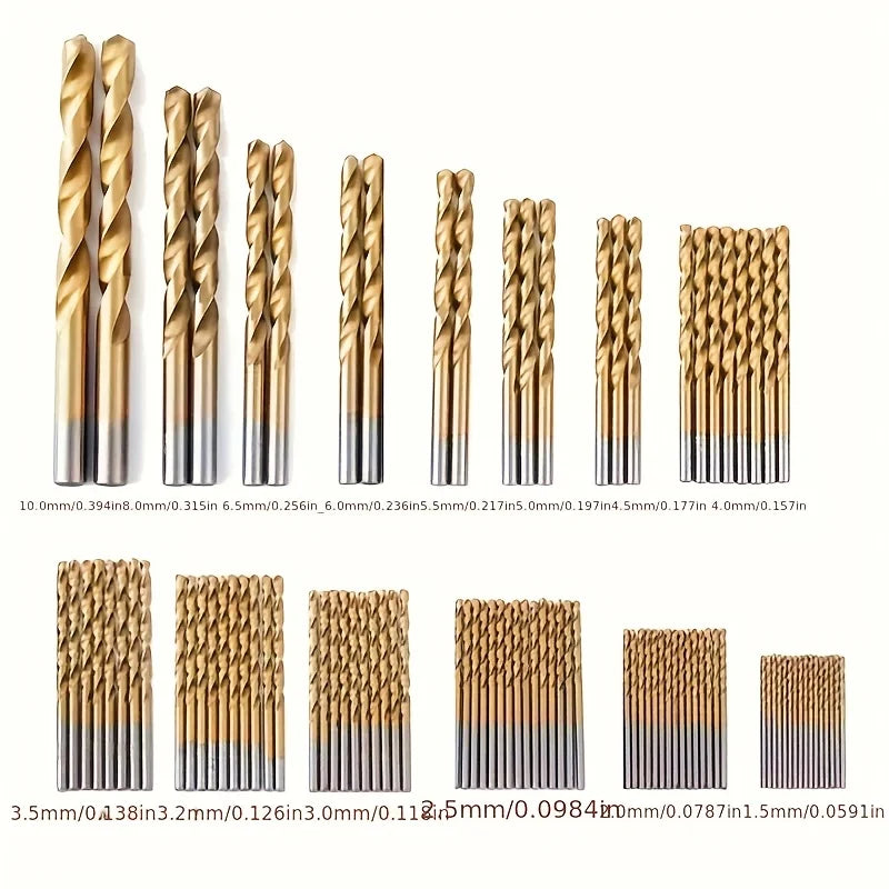 50/99pcs Titanium Coated High Speed Steel Drill Bit Set Hex Shaft Straight Spiral Twist Bits for Metal Wood Plastic Drilling