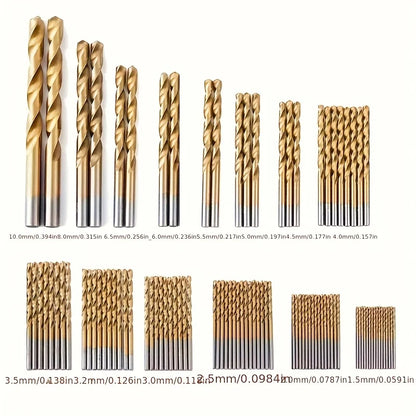 50/99pcs Titanium Coated High Speed Steel Drill Bit Set Hex Shaft Straight Spiral Twist Bits for Metal Wood Plastic Drilling