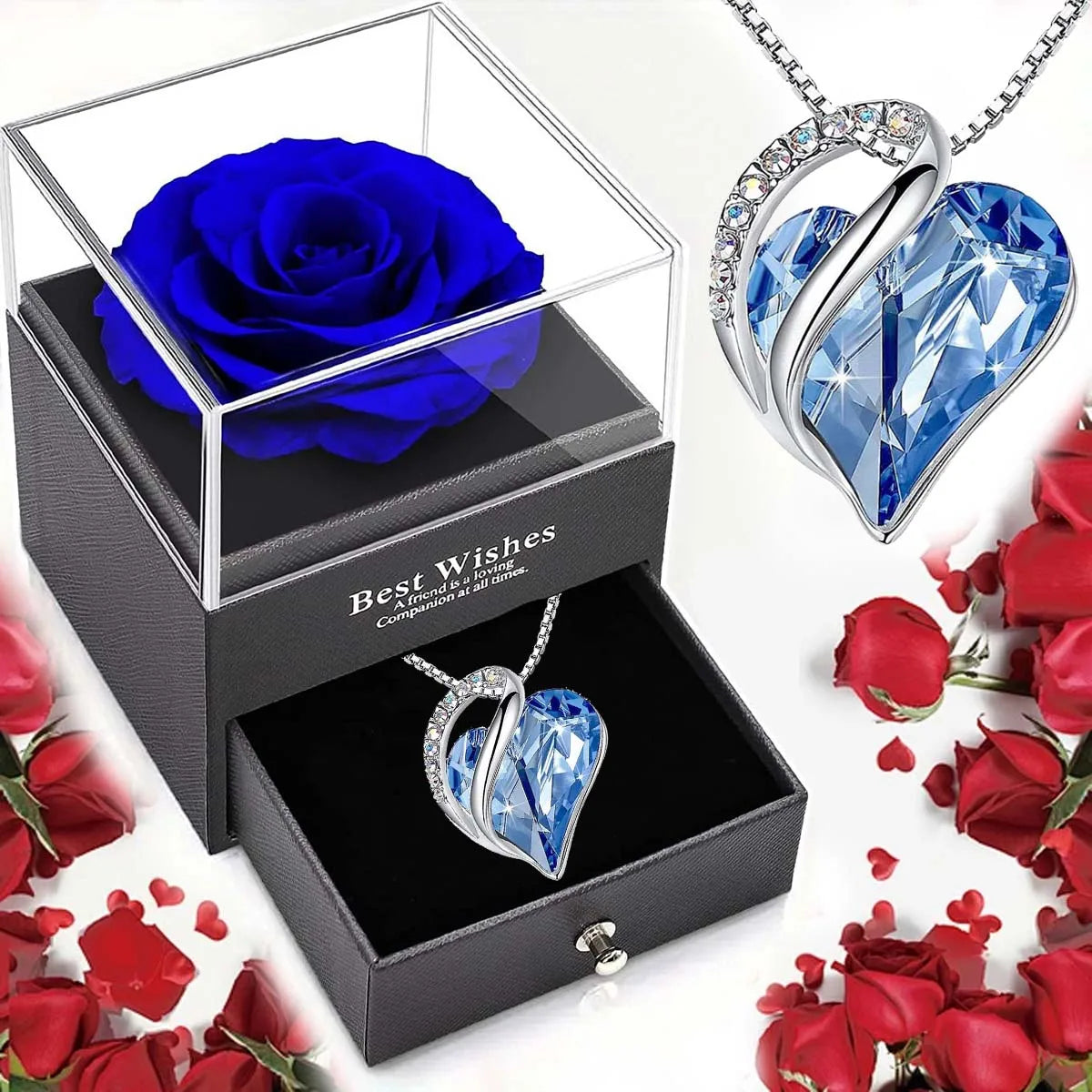 New Valentine's Day Gift Ocean Heart Love Necklace with Eternal Rose Jewelry Box For Girl Mother's Day Gifts - blue set