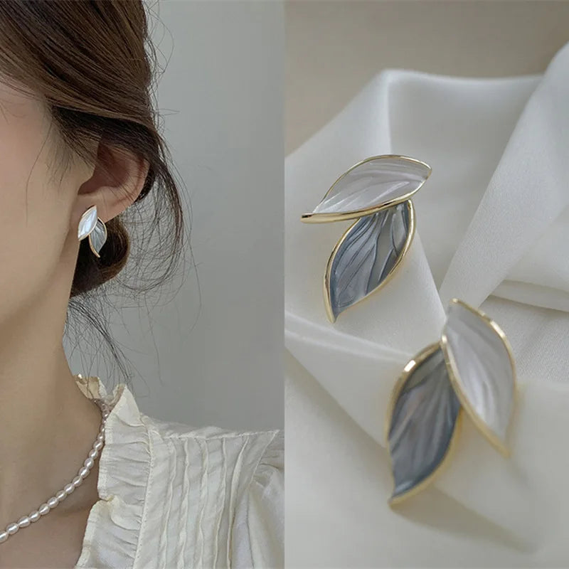 LATS New Korean Arrival Metal Trendy Fresh Lovely Sweet Grey Leaf Stud Earrings for Women 2024 Fashion Jewelry Gifts - 661229