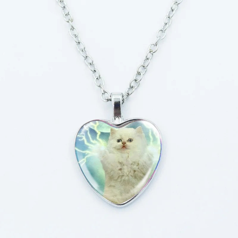 Cute Funny Rainbow Alien Cat Heart Pendant Necklace Animal Shape Art Photo Glass Cabochon Jewelry Children's And Women's