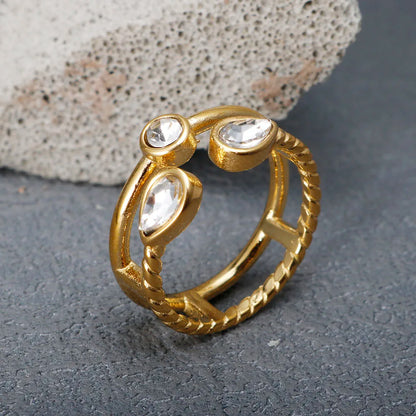 Crystal High End Non Tarnish Fashion Geometric Open Gold Plated Stainless Steel Rings for Women Wedding Ring Jewelry