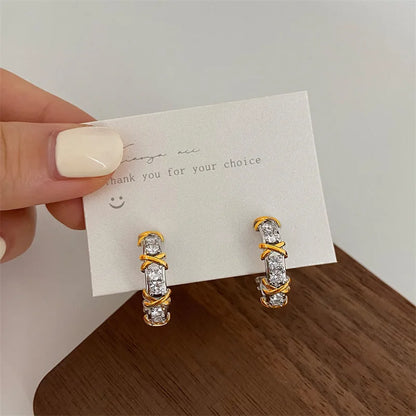 Vintage CC Design Stud Earrings for Women Korean Fashion X Cross Zircon Earring Engagement Jewelry Gifts