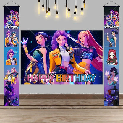 Hot KPop Demon Hunters Backdrop Door Banner Kids Adult Birthday Party Decorations Baby Shower Photo Booth Background Props