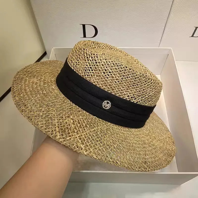 Boater Straw Hat wide brim French elegant square ribbon women's sun hat holiday straw hat 모자 햇빛 가리개 - 4