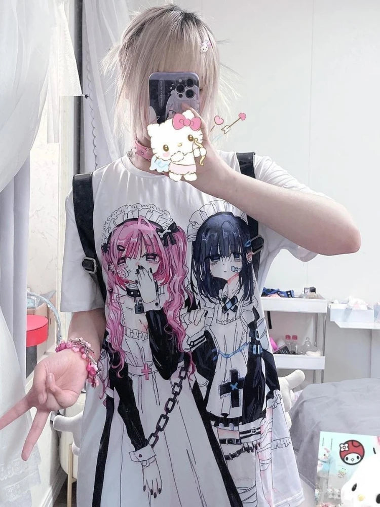 KOSAHIKI Y2k Aesthetic Cute Cartoon Print Round Neck Short-sleeved T-shirt Women 2026 Casual Loose Top Japanese Kawaii Tees