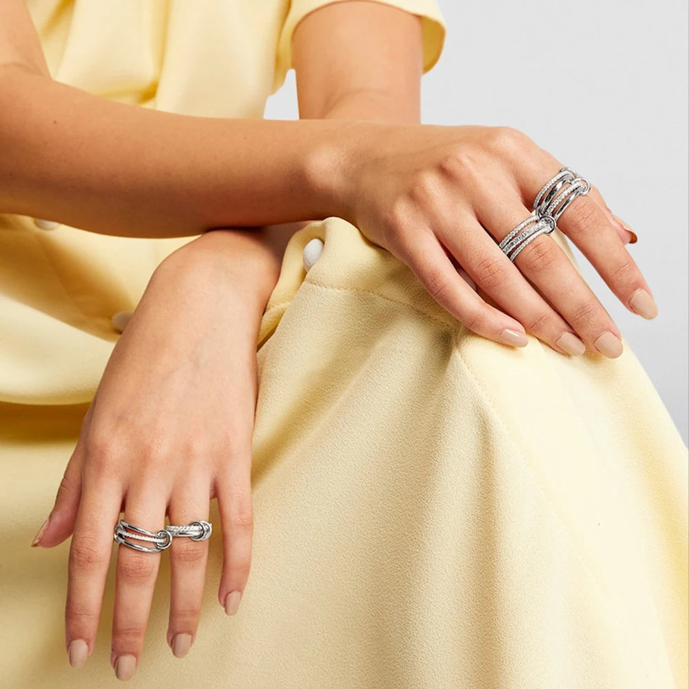 Luxury Cubic Zirconia Gold Plating Multilayer Connecting Rings for Women Fashion Mixed Color Stackable Finger Ring Party Jewe