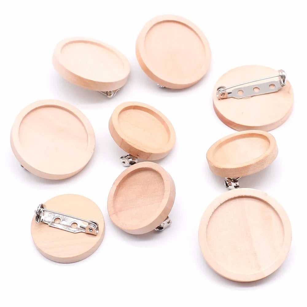 10pcs/lot Blank Wood Cabochon Brooch Base Settings 20 25 30 40mm Dia Round Bezel Tray Diy Brooches Pin Backs for Jewelry Maki