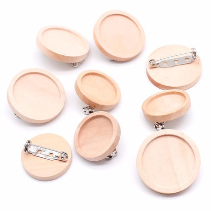 10pcs/lot Blank Wood Cabochon Brooch Base Settings 20 25 30 40mm Dia Round Bezel Tray Diy Brooches Pin Backs for Jewelry Maki