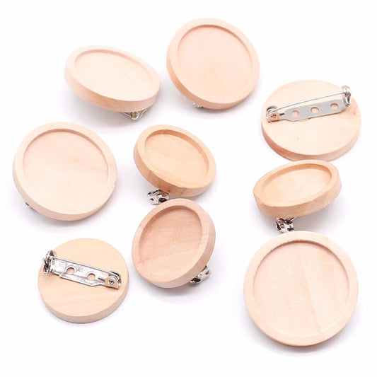 10pcs/lot Blank Wood Cabochon Brooch Base Settings 20 25 30 40mm Dia Round Bezel Tray Diy Brooches Pin Backs for Jewelry Maki