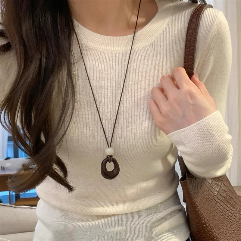 Fashion Vintage Resin Irregular Hollow Circular Geometric Pendant Long Sweater Chain Necklace For Women Charms Jewelry