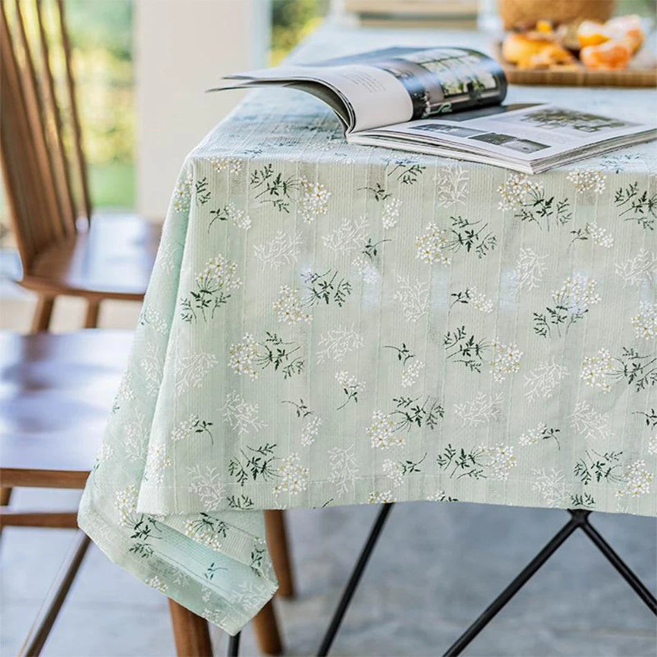 Korean Style Small Daisy Cotton Floral Tablecloth For Kitchen, Wedding, Dining Room - Floral-green / 140x220cm