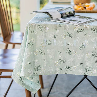 Korean Style Small Daisy Cotton Floral Tablecloth For Kitchen, Wedding, Dining Room - Floral-green / 140x220cm