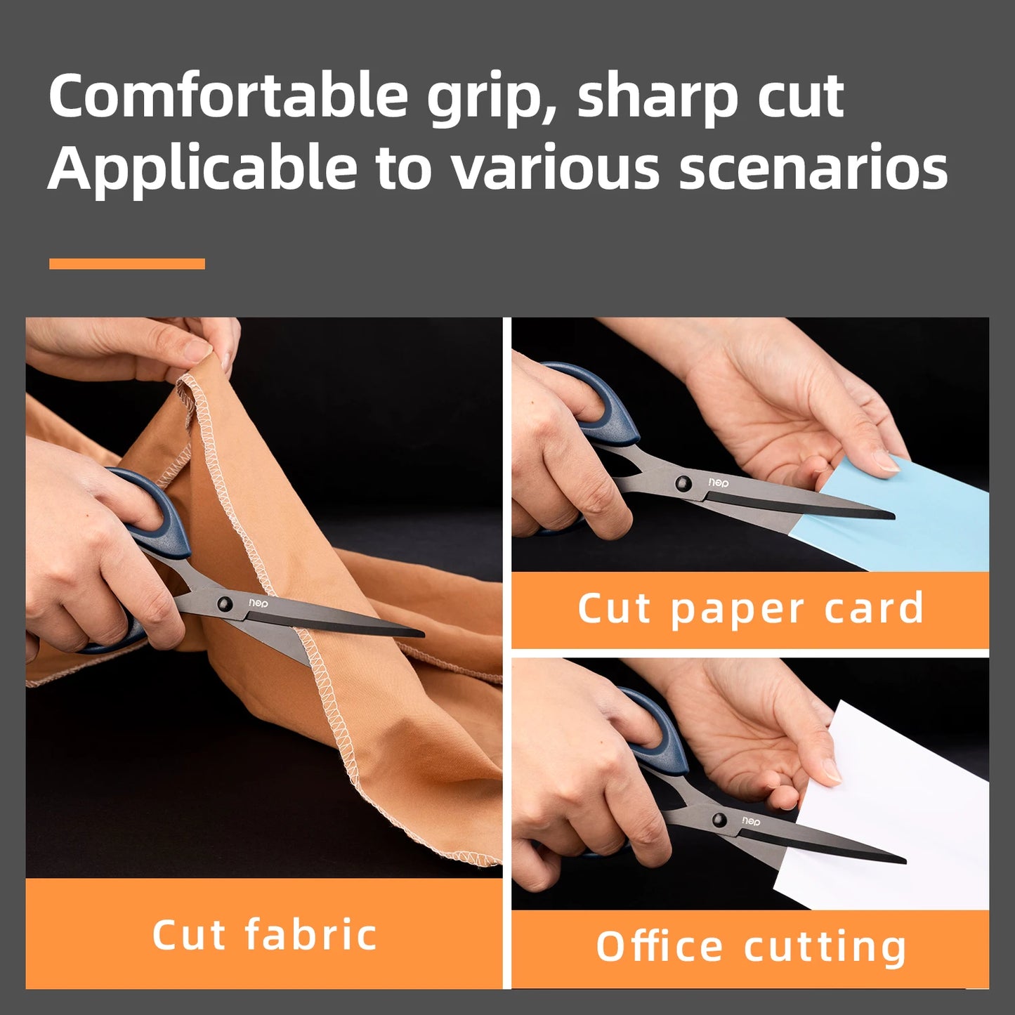 DELI Professional Office Scissors 180mm Heavy Duty Scissors with Black Blade Sharp Stainless Steel Cutting Tool for Paper Cra