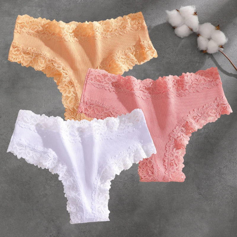 3Pcs Cotton Lace Patchwork Bikini Panties Women Seamless Floral Print Brazilian Pants Low Waist Breathable Female Sexy Linger