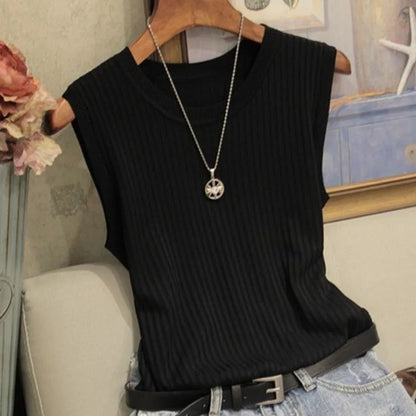 2026 Summer New Fashion Knitted Vests O-neck Sleeveless Casual Thin Tops Sleeveless Blouse Women Shirt - Black