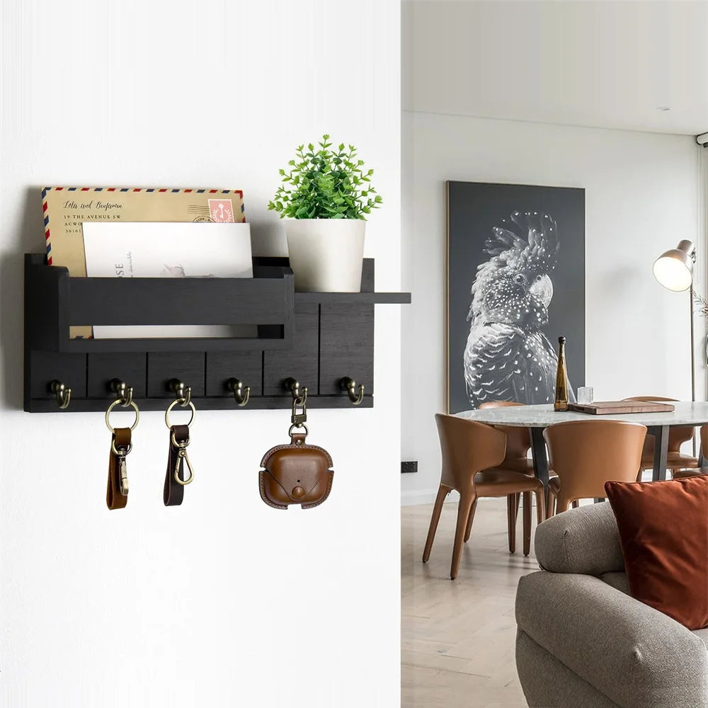 Decorative Key Rack and Mail Organizer with 6 Key Hooks Rustic Wood Key Holder Wall Mounted with Shelf for Living Room Enterw