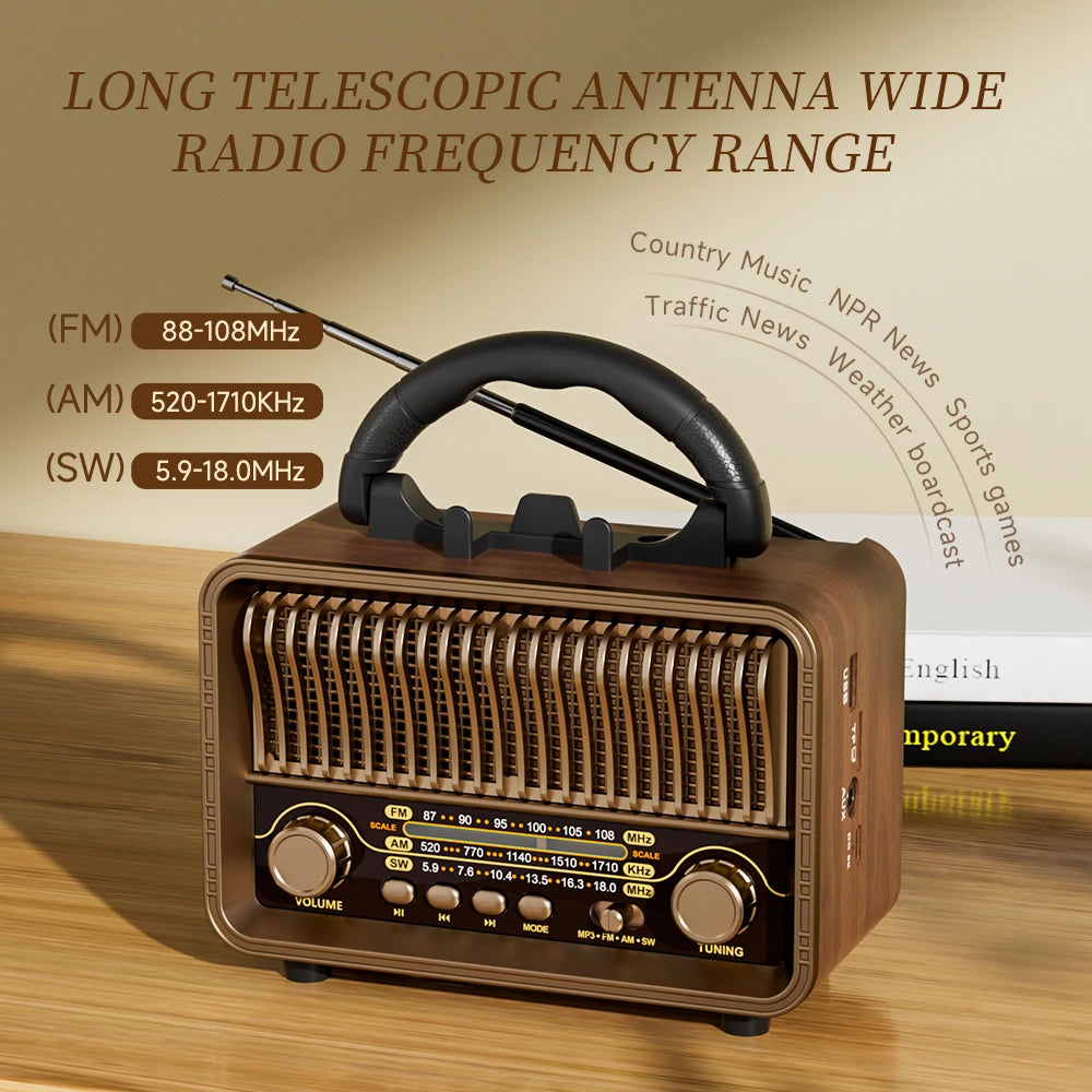 Retro Wireless Radio Portable AM/FM/SW with USB Rechargeable Battery with Antenna, AUX and TF Card Playback, Suitable for Hom
