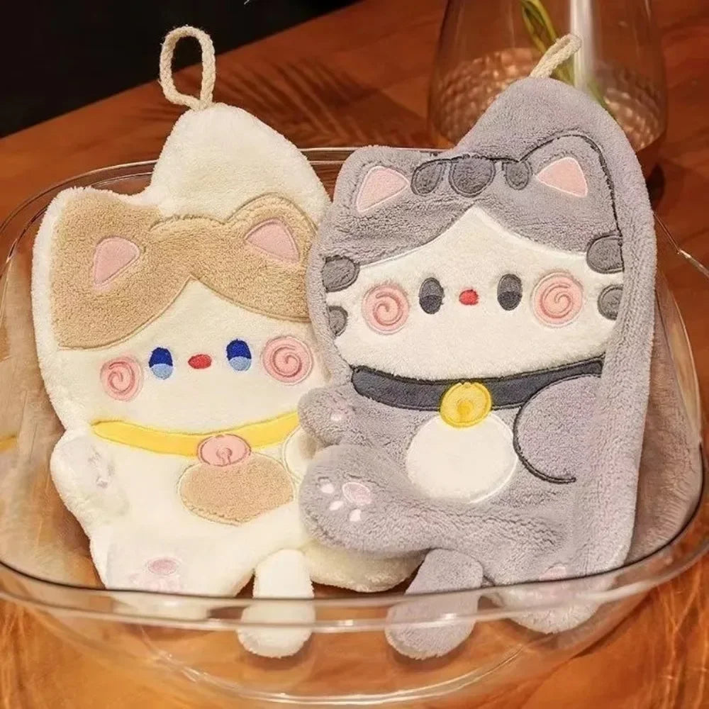 Cute Cat Hand Towel Quick Drying Kitchen Cleaning Rag Coral Velvet Cartoon Animal Absorbent Bathroom Hanging Towel Home Suppl