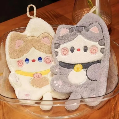 Cute Cat Hand Towel Quick Drying Kitchen Cleaning Rag Coral Velvet Cartoon Animal Absorbent Bathroom Hanging Towel Home Suppl