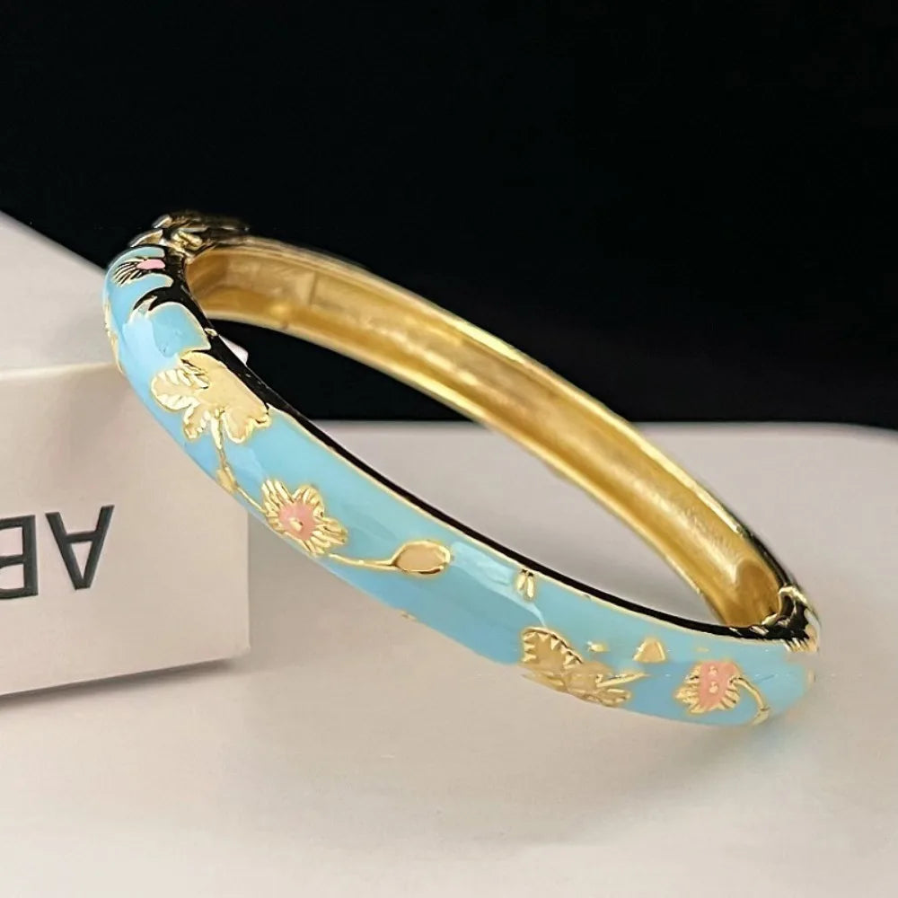 Enamel Chinese Cloisonne Bracelet Double Bangle Traditional Peony Filigree Flower Bangle Ethnic Vintage Women's Hand Bracelet