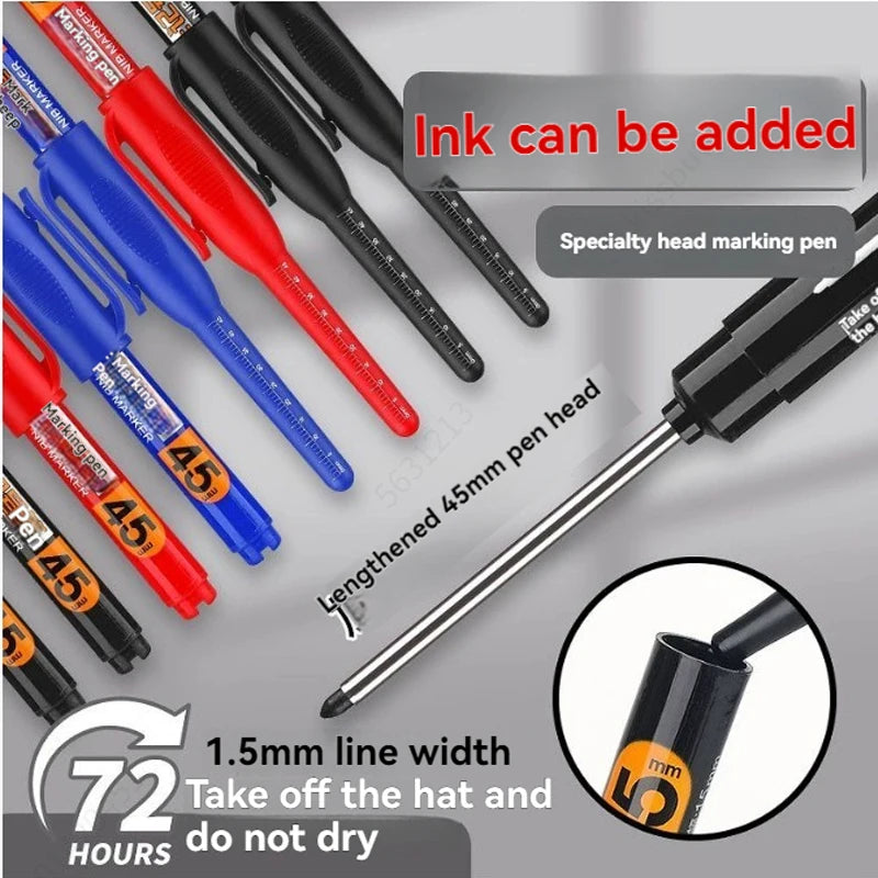 45mm Waterproof Deep Hole Marker Pens Long Nib Head Carpenter Pen White/Black/Blue Ink for Multi-Purpose Woodworking Hand Too