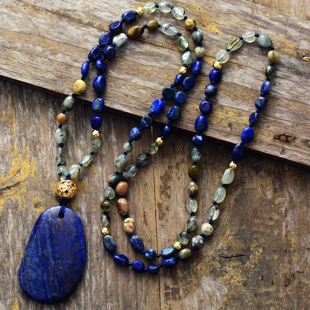 Bohemian Women Lariat Strand Necklace Random Semiprecious Stone Lapis Pendant Necklace Boho Jewelry
