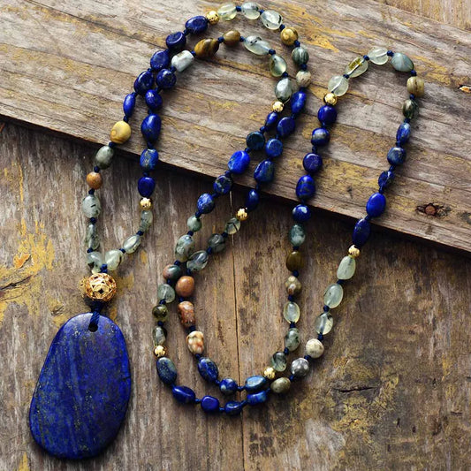 Bohemian Women Lariat Strand Necklace Random Semiprecious Stone Lapis Pendant Necklace Boho Jewelry