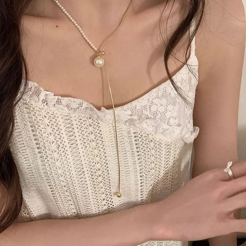 Chic Pearl Lariat Necklace Gold Chain Adjustable Minimalist Sweater Chain Jewelry for Women Statement Neck Jewelry Accessory 