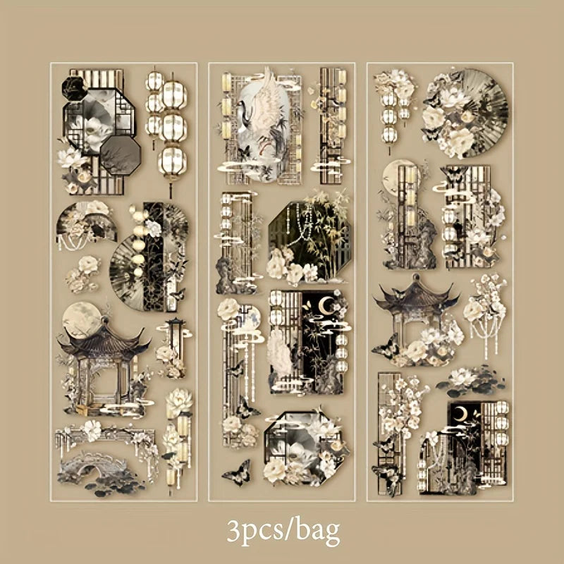 3 Sheets/Bag Of Classical Flower Hot Stamping PET Stickers Chinese Style Creative Diary Notebook Stickers DIY Collage Decorat