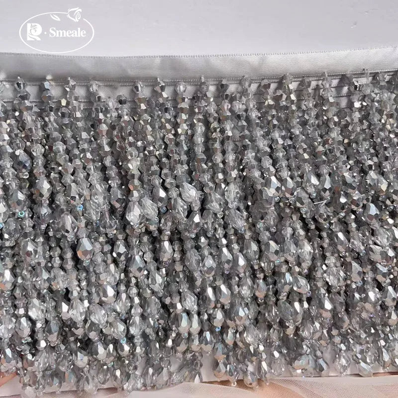 Lace Trim Beaded 2 Yards, Crystal Tassels, 5.5 Cm Wide, Vintage Lace Accent for Sewing, Scrapbooking - Silver -B / 9Yards