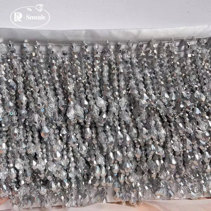 Lace Trim Beaded 2 Yards, Crystal Tassels, 5.5 Cm Wide, Vintage Lace Accent for Sewing, Scrapbooking - Silver -B / 9Yards