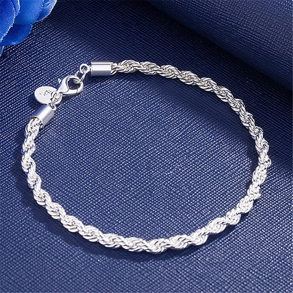 925 Sterling Silver Bracelet 4mm20cm Flat Side Chain Lobster Clasp For Woman Man Wedding Engagement Jewelry