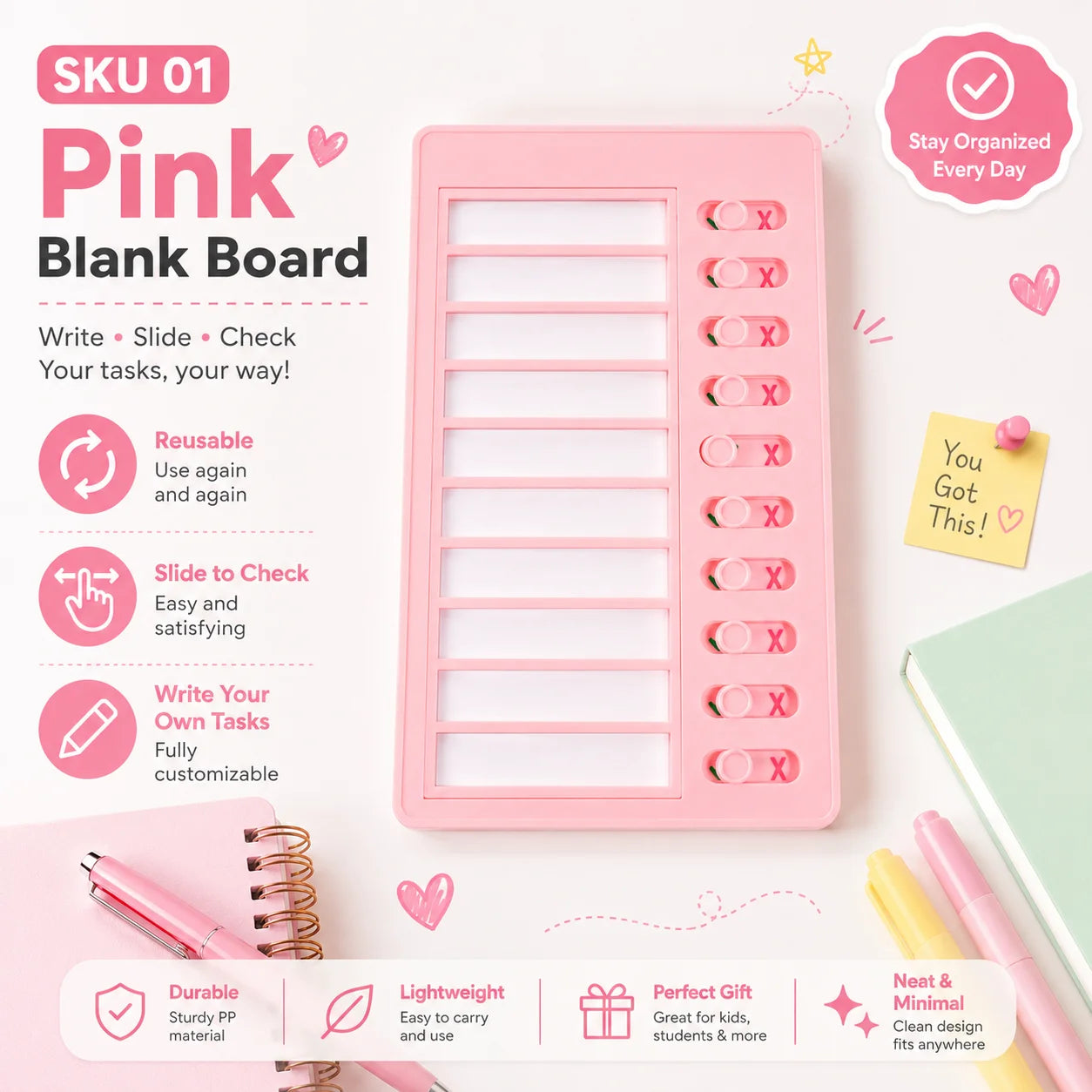 Self Discipline Checklist Board, Replaceable Plastic Chore Chart for Kids Adults, Summer Task Planner & Daily Habit Tracker -