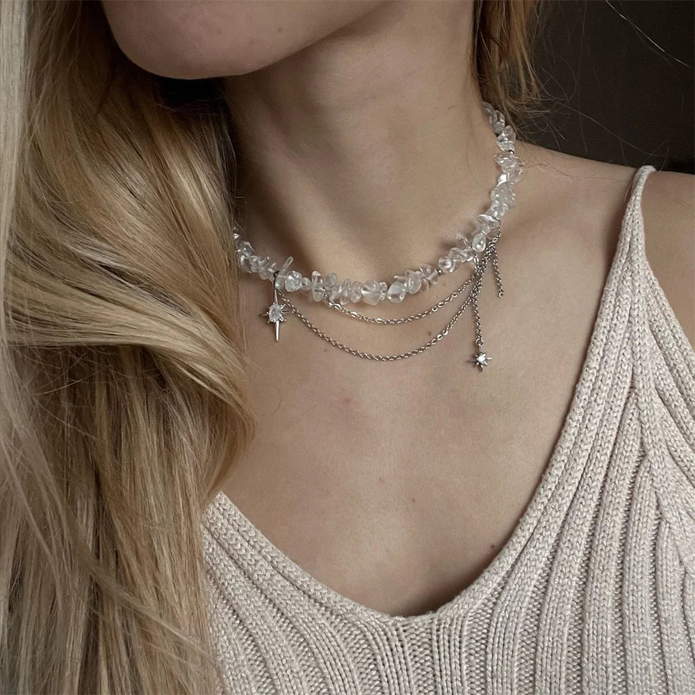 Fashion Vintage Silver Color Geometric Bead Chain Necklace For Women Female Boho Tassel Heart Pendant Jewelry - NES-25919-12