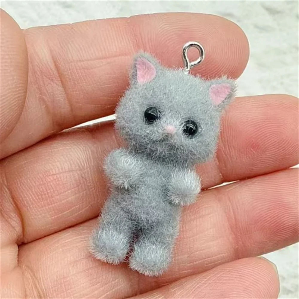 4pcs Kawaii 3D Fluffy Flocking Resin Cat Animal Charms Pendant Colorful Keychain Necklace Pendant DIY Crafts Jewelry Making