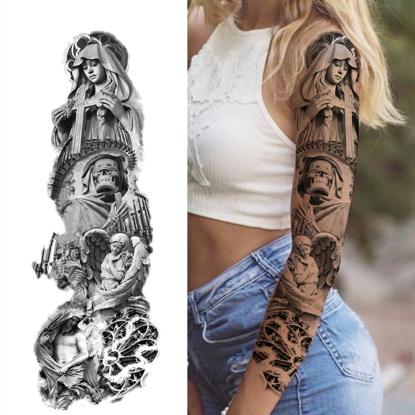 1 Sheets Wolf Lion Tiger Maori Temporary Tattoos For Men Women Adults Full Sleeve Arm Flower Rose Skull Tattoo Sticker Decor 