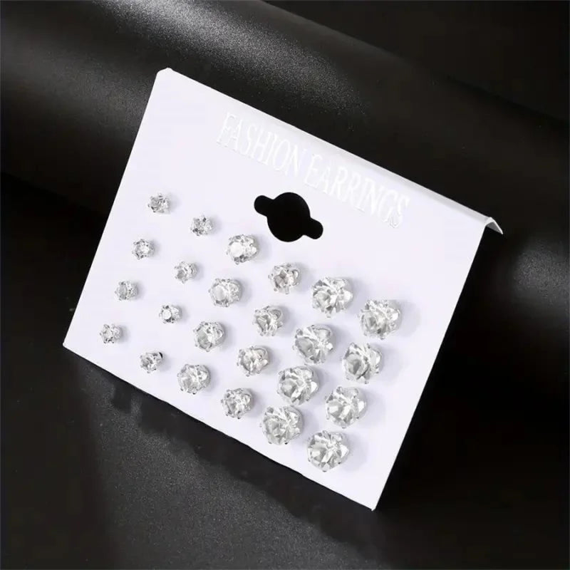 12 Pairs Six Claw Zircon Earrings Set Geometric White Shiny Crystal Wedding Stud Earrings Set for Women Men Jewelry Accessori