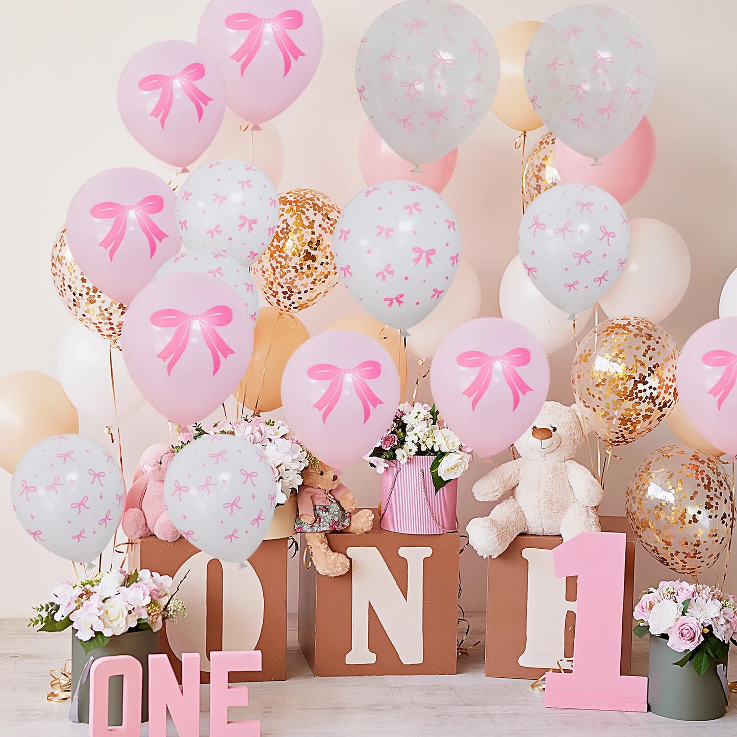50/10pcs Bow Theme Latex Balloon 12 Inches Bowknot Print White Balloons for Kids Girls Birthday Baby Shower Wedding Party Dec