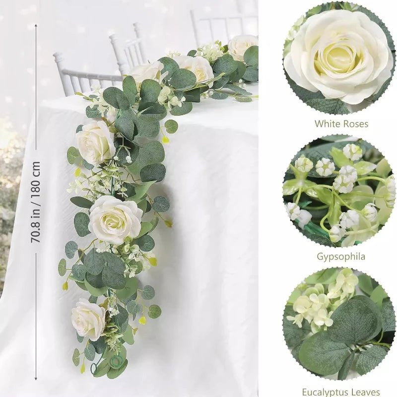 180cm Artificial Eucalyptus Garland with White Flowers for Home Festival Wall Hanging Garden Wedding Backdrop Arch Party Deco